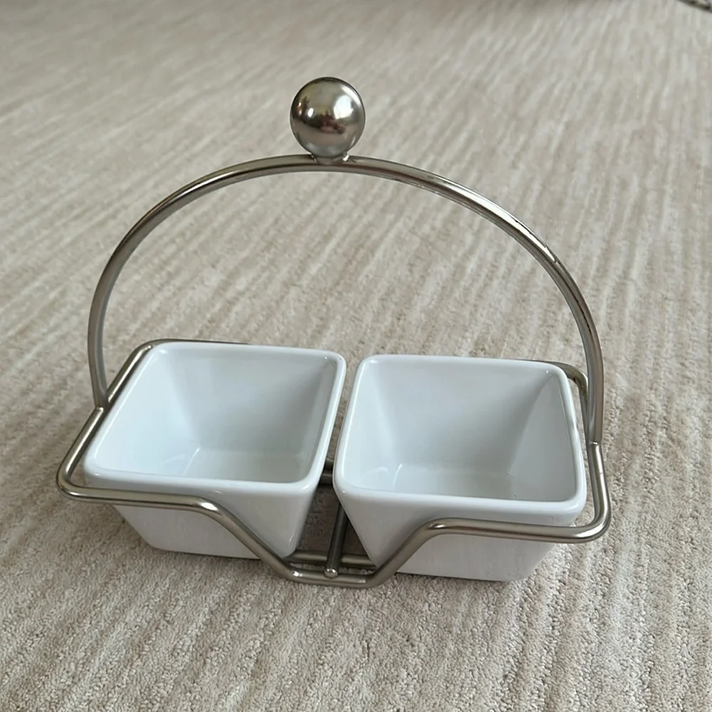 PAMPERED CHEF Simple Additions Brushed Silver Caddy w/ 2 Square White Bowls